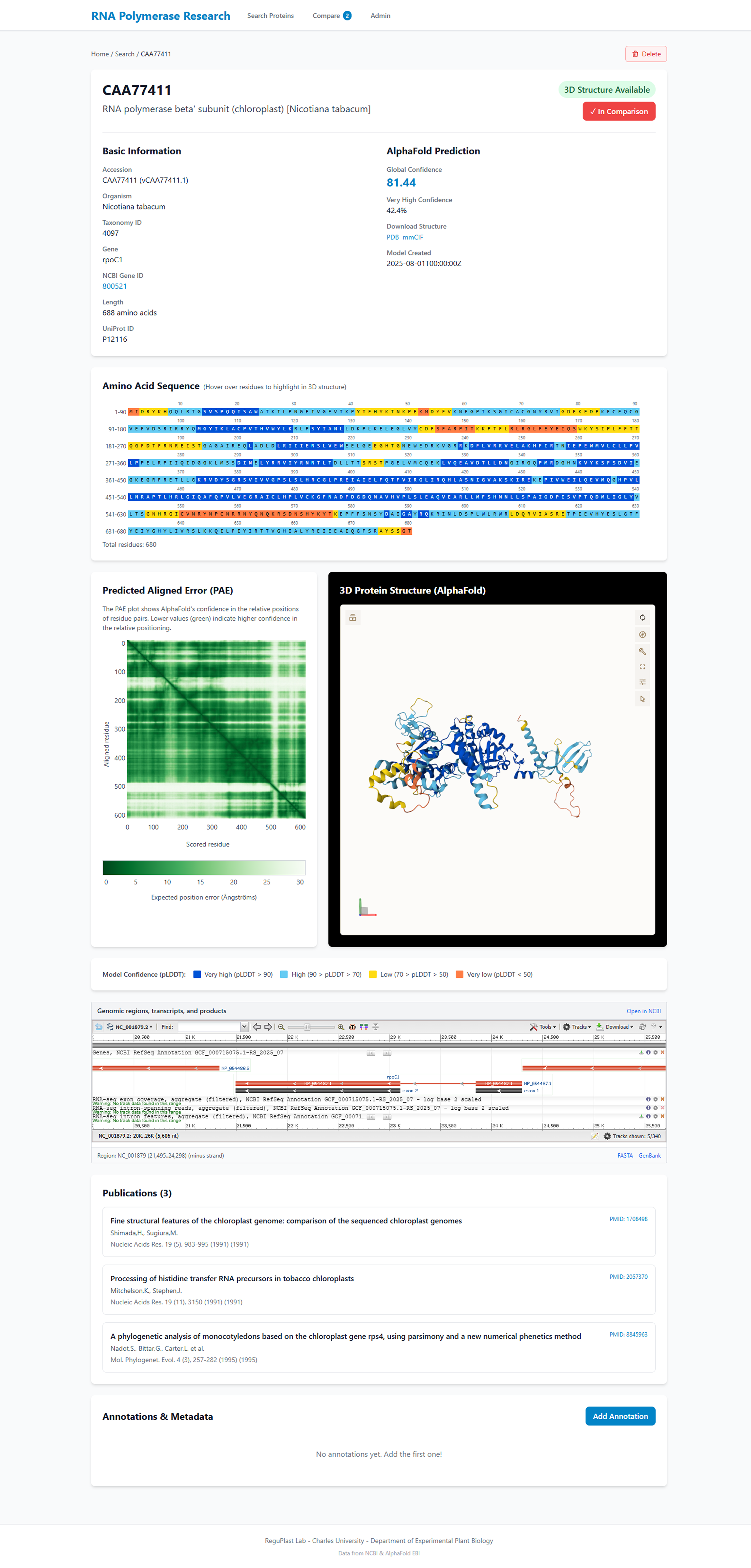 Detail proteinu na plnou výšku: Basic Info, sekvence, PAE heatmap, 3D struktura, IGV, publikace