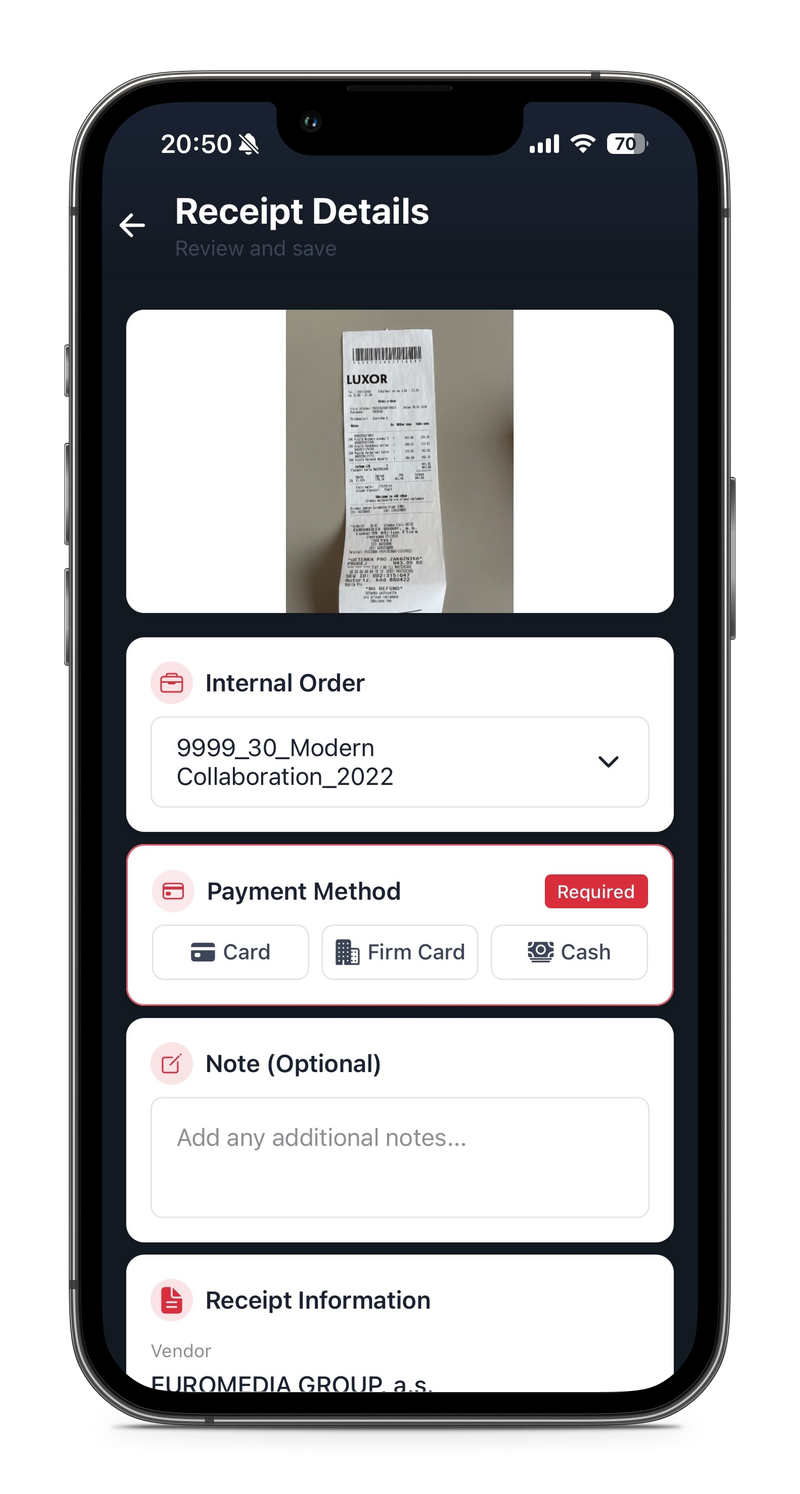 Editor Receipt Details — snímek účtenky, Internal Order, Payment Method