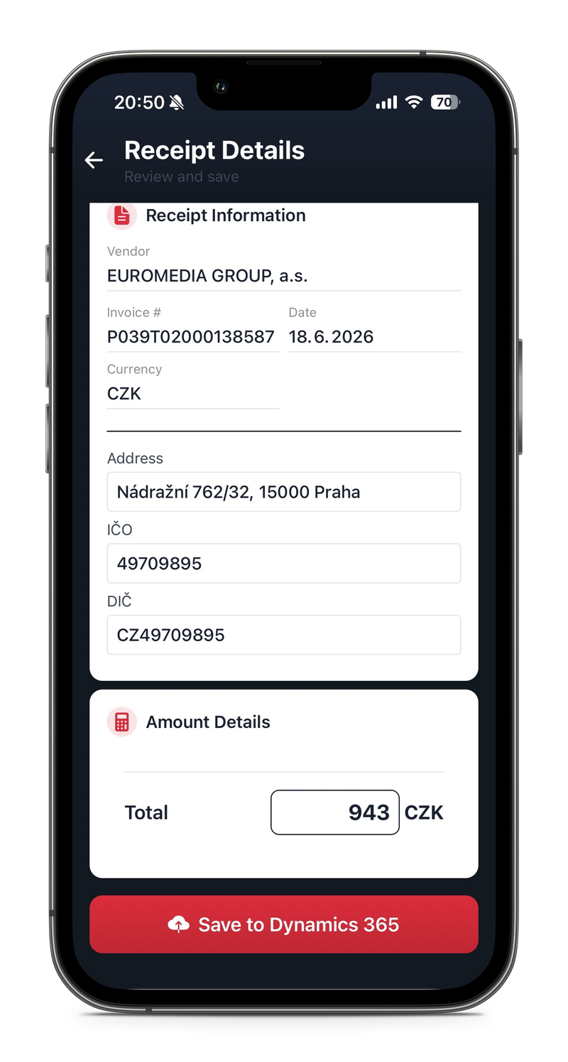 Receipt Information s dodavatelem, IČO, DIČ, částkou a CTA Save to Dynamics 365