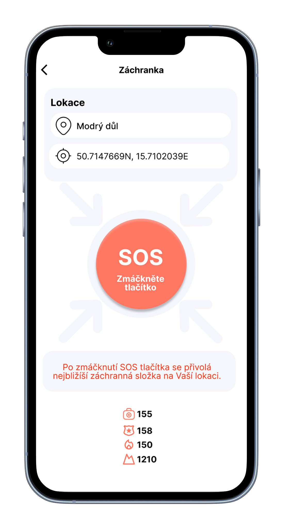 SOS tlačítko verze 3: šipky směřující ke kruhu s textem Zmáčkněte tlačítko